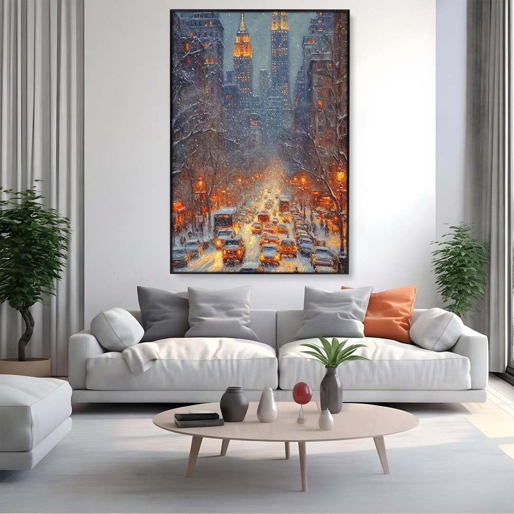 Tablou canvas cu pictura cu bulevard inzapezit si masini, in rama de aluminiu negru, pe perete intr-un living